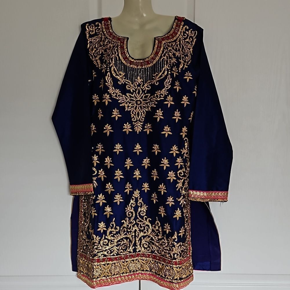 Indian Ladies Straight Kurta Dress With Long Sleeves Size Medium/Small Royal Blu